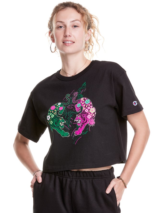 Champion Womens T-Shirt NZ - Heritage Cropped Year Of The Tiger Black ( 4502-MIOPD )